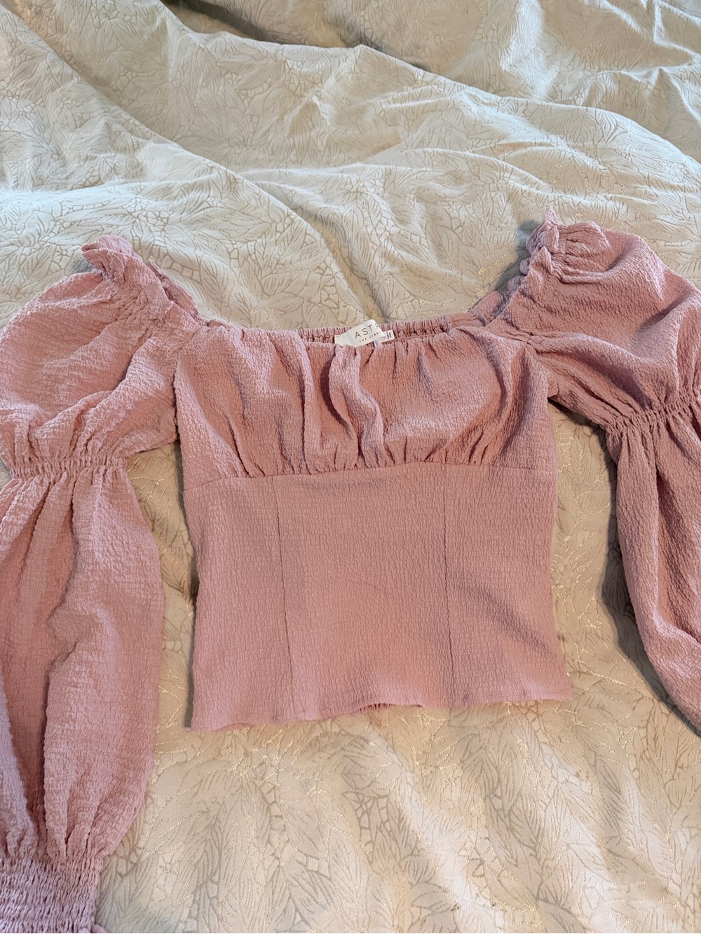 Astr Pink Puff Sleeve Cropped Smocked Top